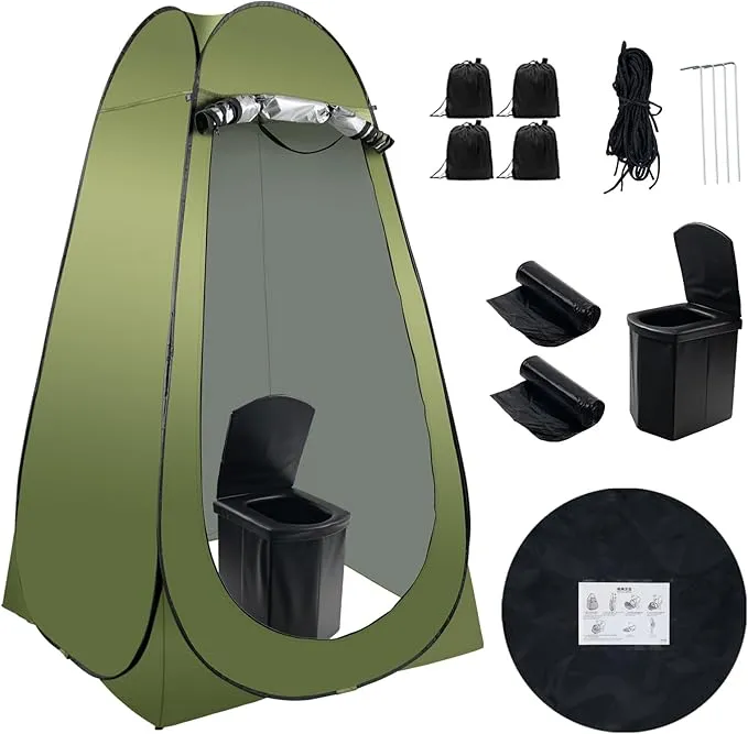 Portable Camping Toilet Kit for Adults, Pop up Privacy Tent, X Large Folding Toilet Potty with Camping Tent, Outdoor Instant Shower Tent Camp Toilet Changing Dressing Room (Green)