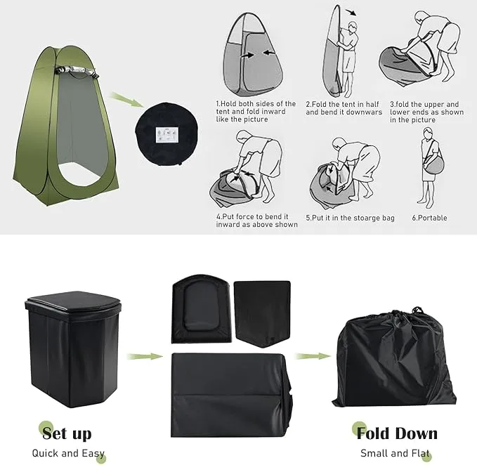 Portable Camping Toilet Kit for Adults, Pop up Privacy Tent, X Large Folding Toilet Potty with Camping Tent, Outdoor Instant Shower Tent Camp Toilet Changing Dressing Room (Green)