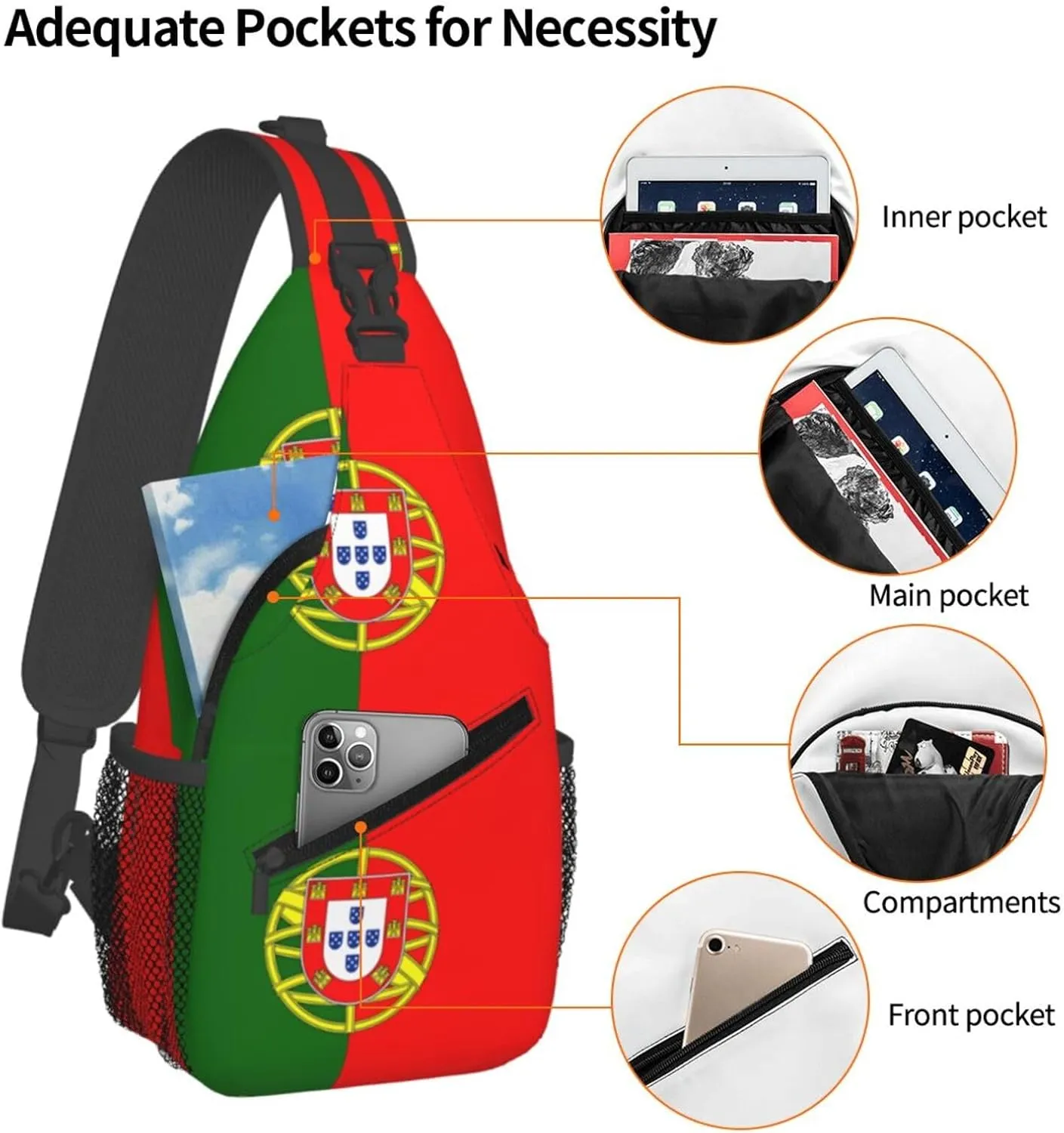 Portugal Portuguese Flag Chest Sling Bag Crossbody Shoulder Backpack Bag Gym Cycling Daypack Travel Hiking Cross Bag