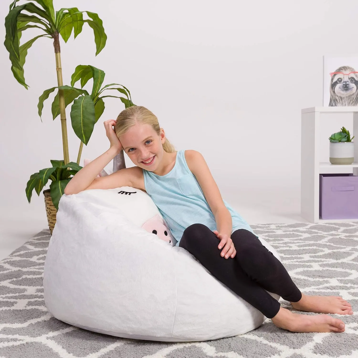 Posh Creations Cute Soft and Comfy Bean Bag Chair for Kids, Large, Animal - White Unicorn