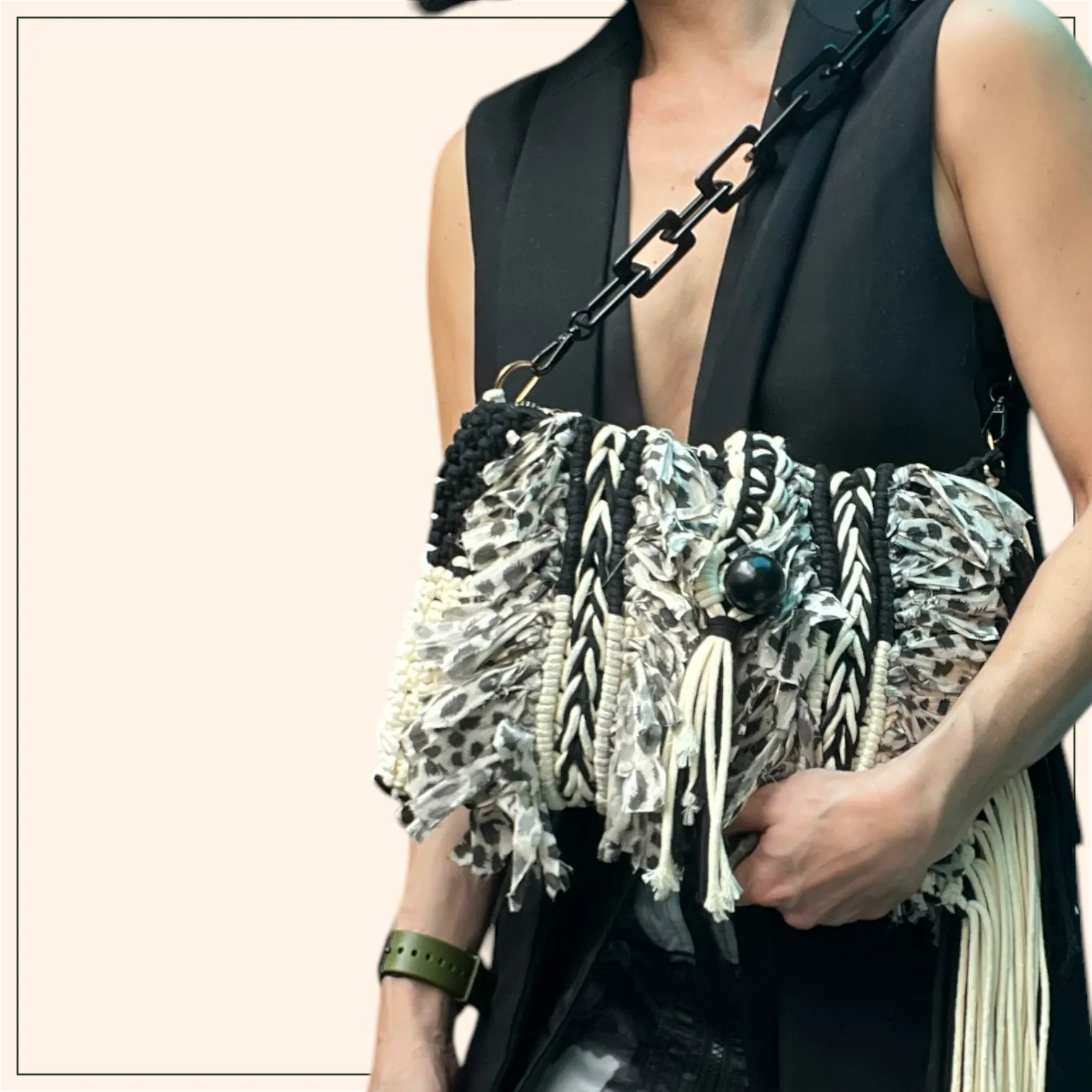 Priya - Monochrome Macrame Clutch & Shoulder Bag