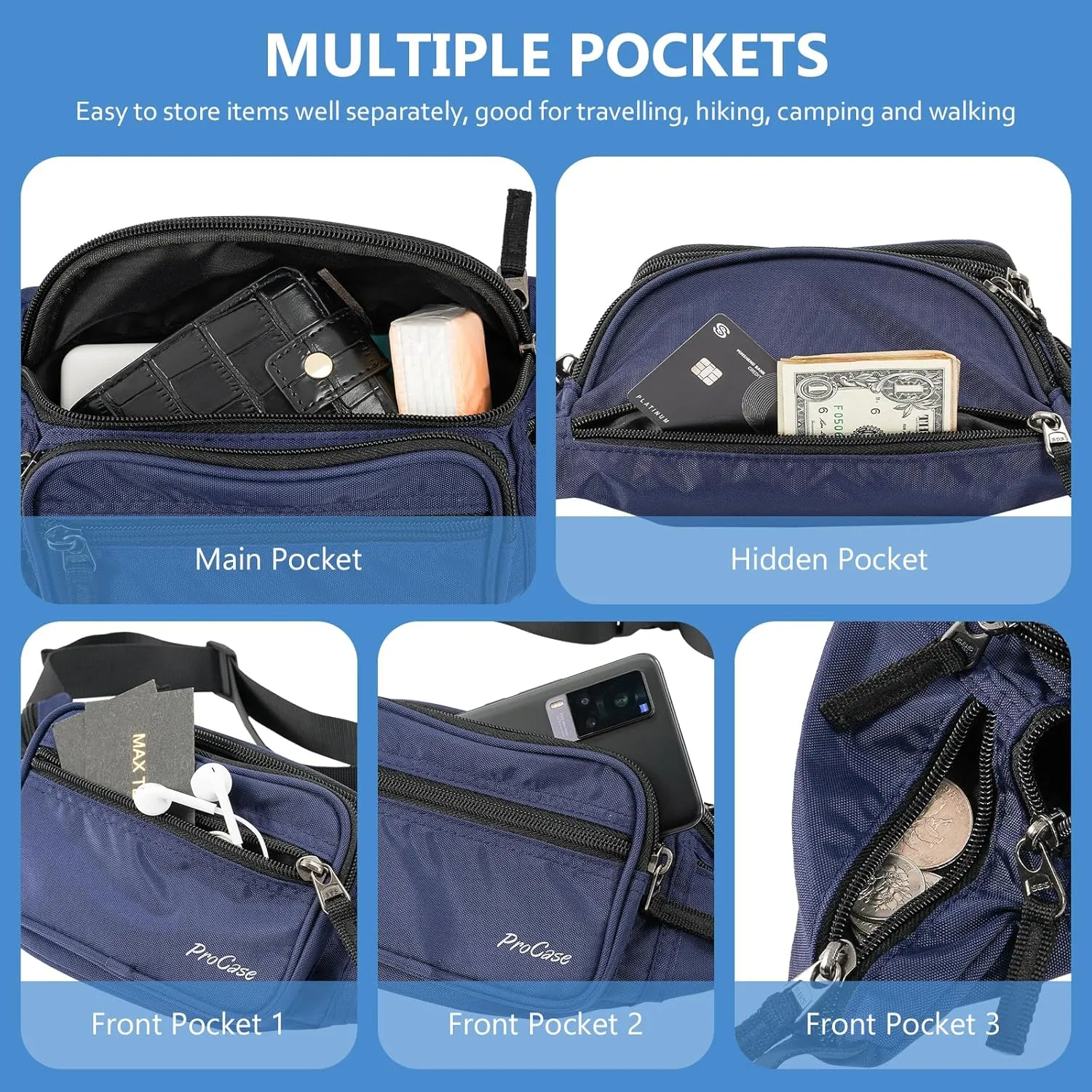 ProCase Fanny Pack Waist Packs for Men Women, Waist Bag Hip Pack for Travel Hiking Running Outdoor Sports