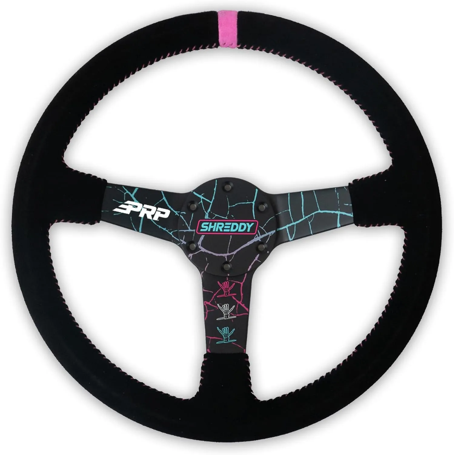 PRP Seats Shreddy Deep Dish Steering Wheel with Suede Grip for Off-Road Racing – Features High-Strength Aluminum, Moisture-Resistant Suede, 6 Point Bolt Pattern, 13” Dia x 3” Dish (Cracked and Pink)