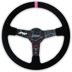 PRP Seats Shreddy Deep Dish Steering Wheel with Suede Grip for Off-Road Racing – Features High-Strength Aluminum, Moisture-Resistant Suede, 6 Point Bolt Pattern, 13” Dia x 3” Dish (Cracked and Pink)