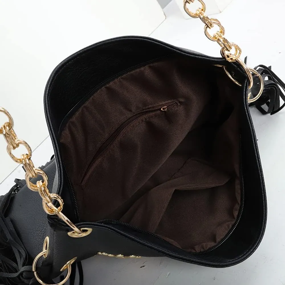 PU Leather Fringe Hobo Bag Large Studded Handbag Crossbody Bag for Women