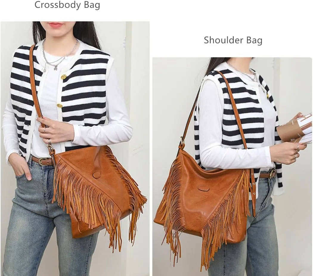 PU Leather Fringe Hobo Bag Large Studded Handbag Crossbody Bag for Women