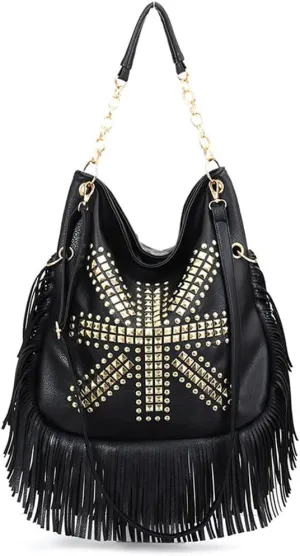 PU Leather Fringe Hobo Bag Large Studded Handbag Crossbody Bag for Women