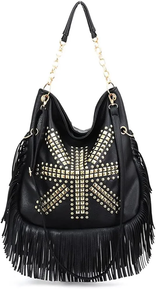 PU Leather Fringe Hobo Bag Large Studded Handbag Crossbody Bag for Women