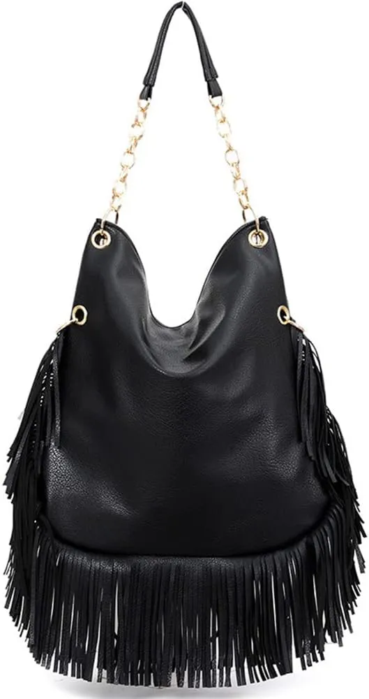 PU Leather Fringe Hobo Bag Large Studded Handbag Crossbody Bag for Women