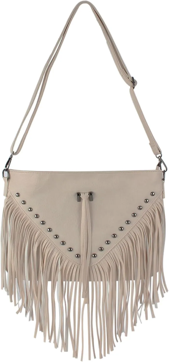 PU Leather Fringe Hobo Bag Large Studded Handbag Crossbody Bag for Women
