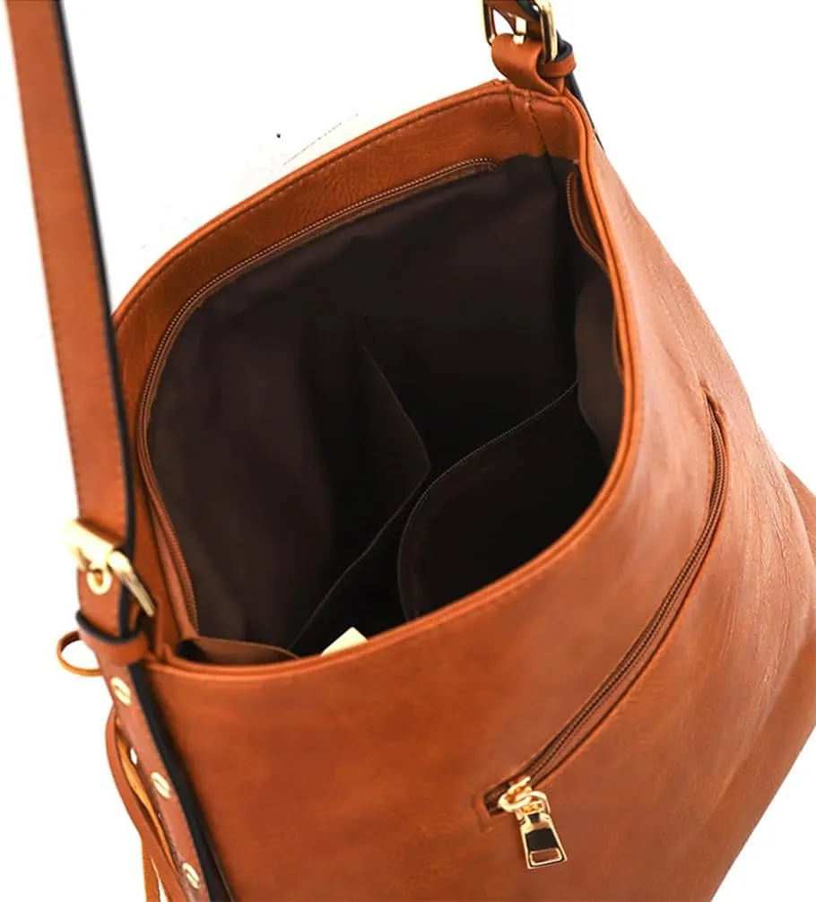PU Leather Fringe Hobo Bag Large Studded Handbag Crossbody Bag for Women