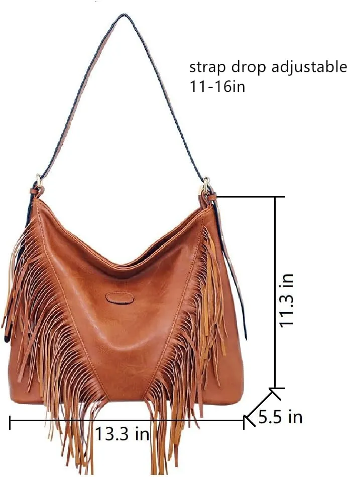 PU Leather Fringe Hobo Bag Large Studded Handbag Crossbody Bag for Women