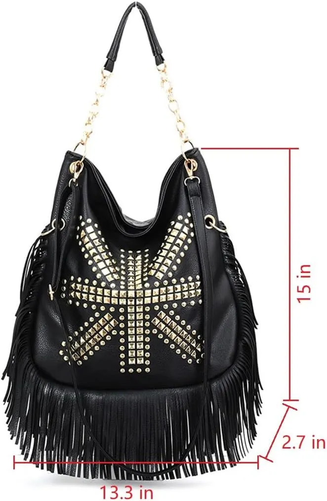 PU Leather Fringe Hobo Bag Large Studded Handbag Crossbody Bag for Women