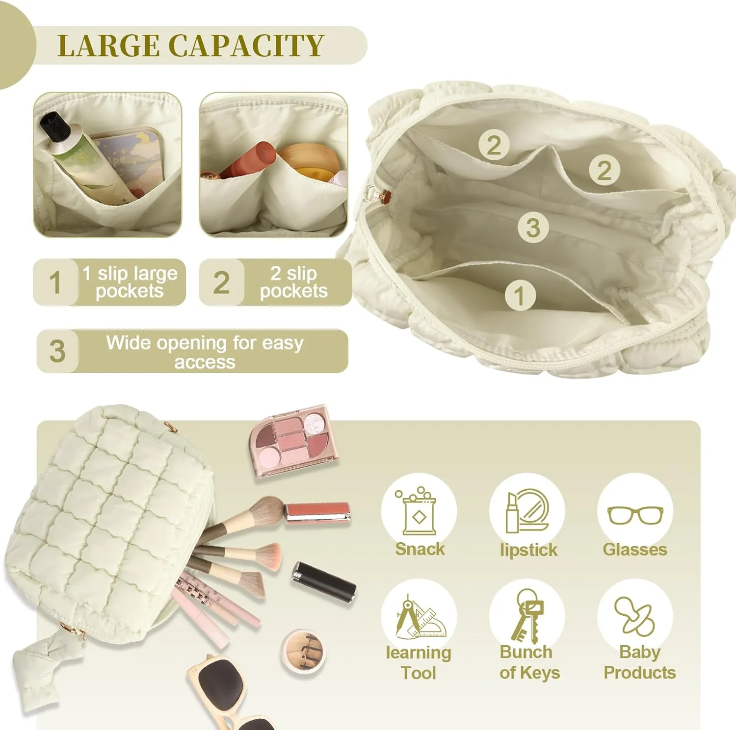 Puffer Quilted Makeup Bag Cosmetic Bags,Puffy Travel Toiletry Pouch for Women,Cute Checkered Zipper Bag Travel Essential,Portable Aesthetic Make up Organizer Bag for Gifts Work Daily(Beige,M)