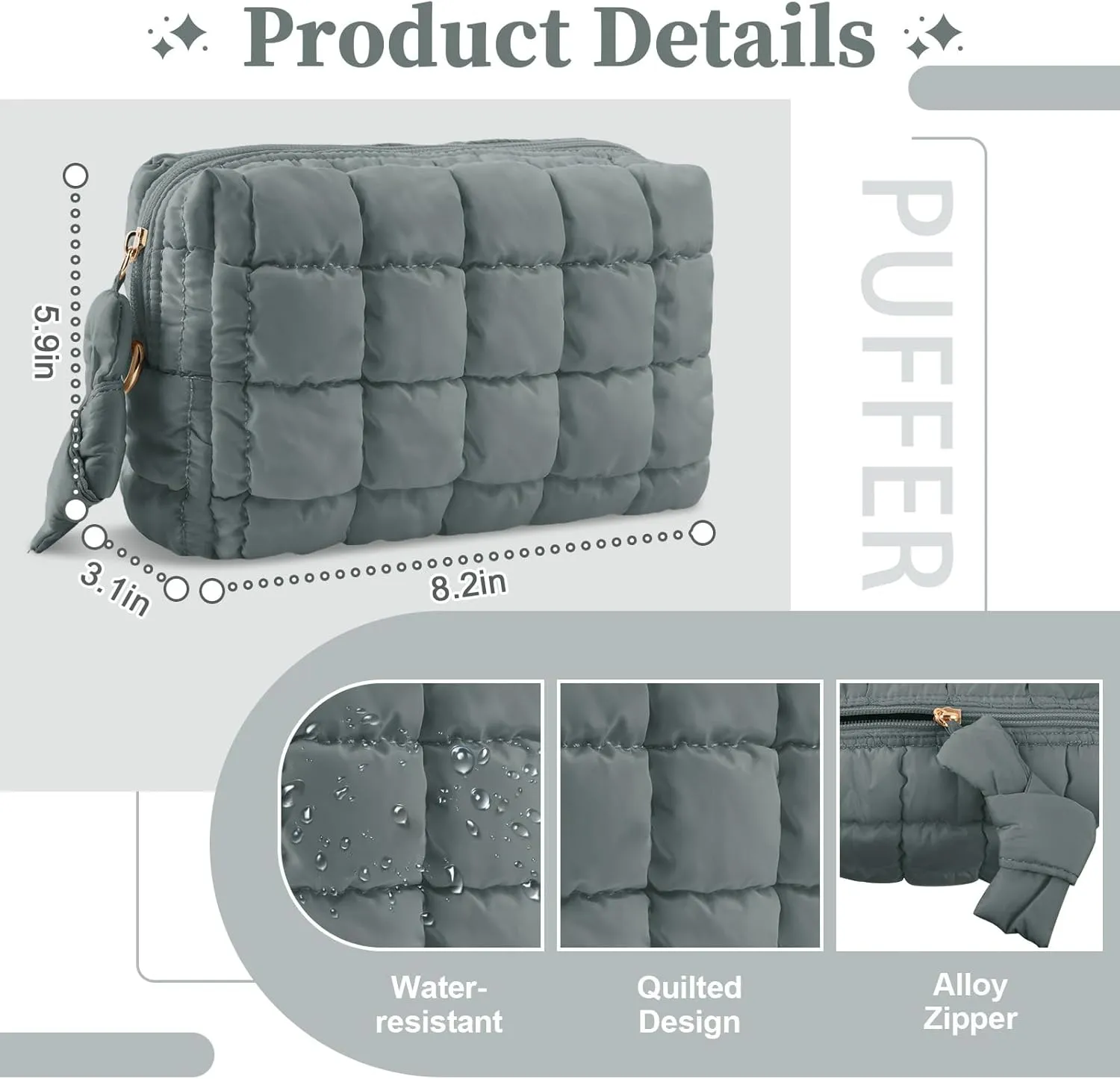 Puffer Quilted Makeup Bag Cosmetic Bags,Puffy Travel Toiletry Pouch for Women,Cute Checkered Zipper Bag Travel Essential,Portable Aesthetic Make up Organizer Bag for Gifts Work Daily(Grey,M)