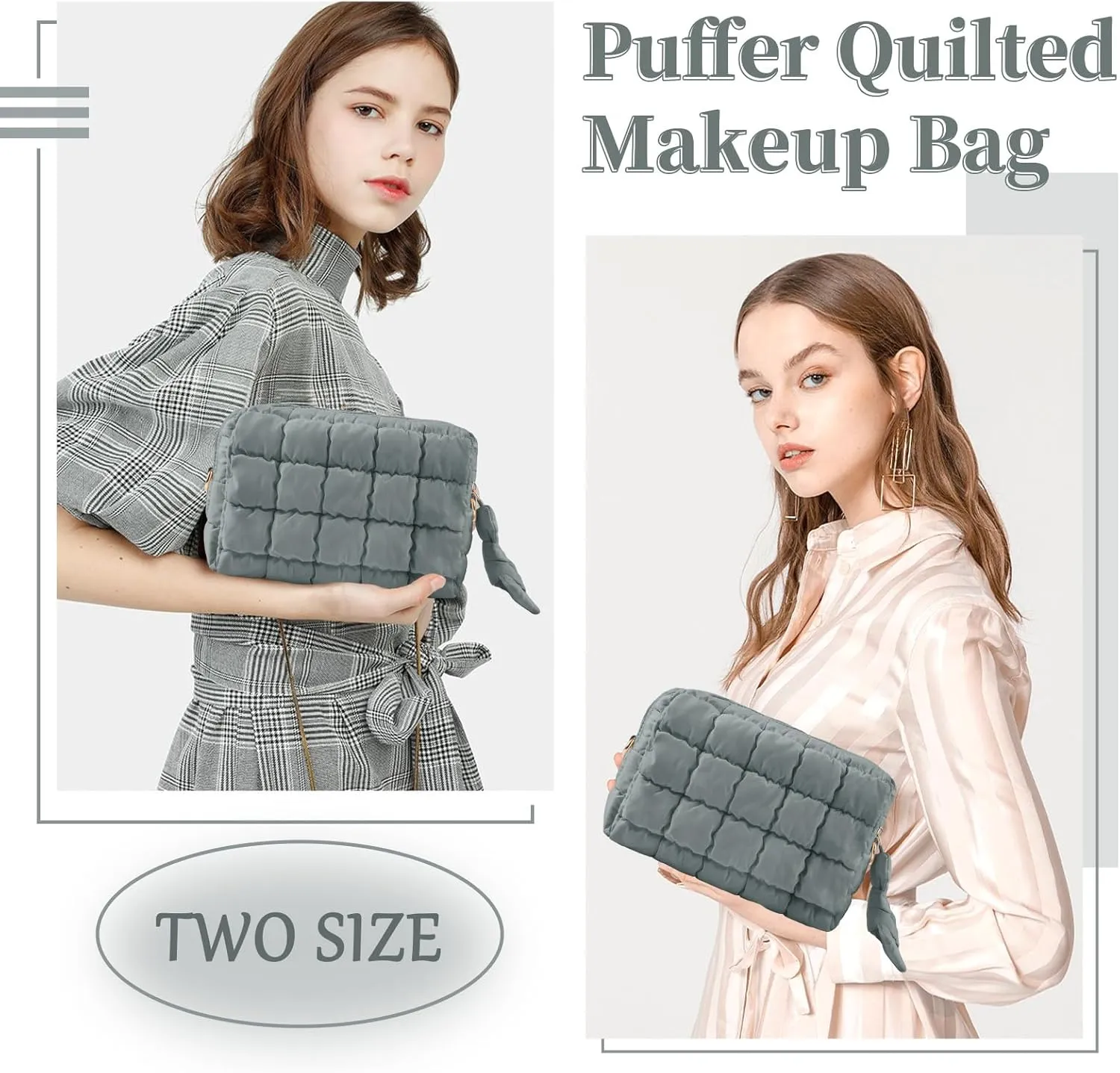 Puffer Quilted Makeup Bag Cosmetic Bags,Puffy Travel Toiletry Pouch for Women,Cute Checkered Zipper Bag Travel Essential,Portable Aesthetic Make up Organizer Bag for Gifts Work Daily(Grey,M)