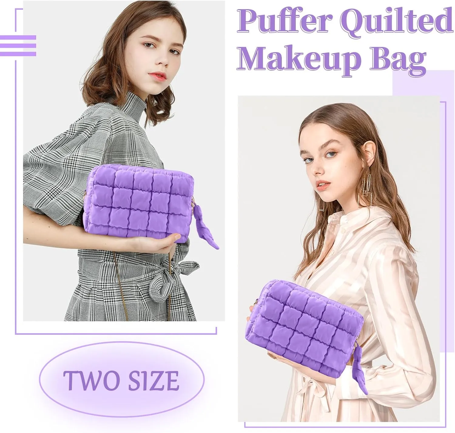 Puffer Quilted Makeup Bag Cosmetic Bags,Puffy Travel Toiletry Pouch for Women,Cute Checkered Zipper Bag Travel Essential,Portable Aesthetic Make up Organizer Bag for Gifts Work Daily(Purple,M)
