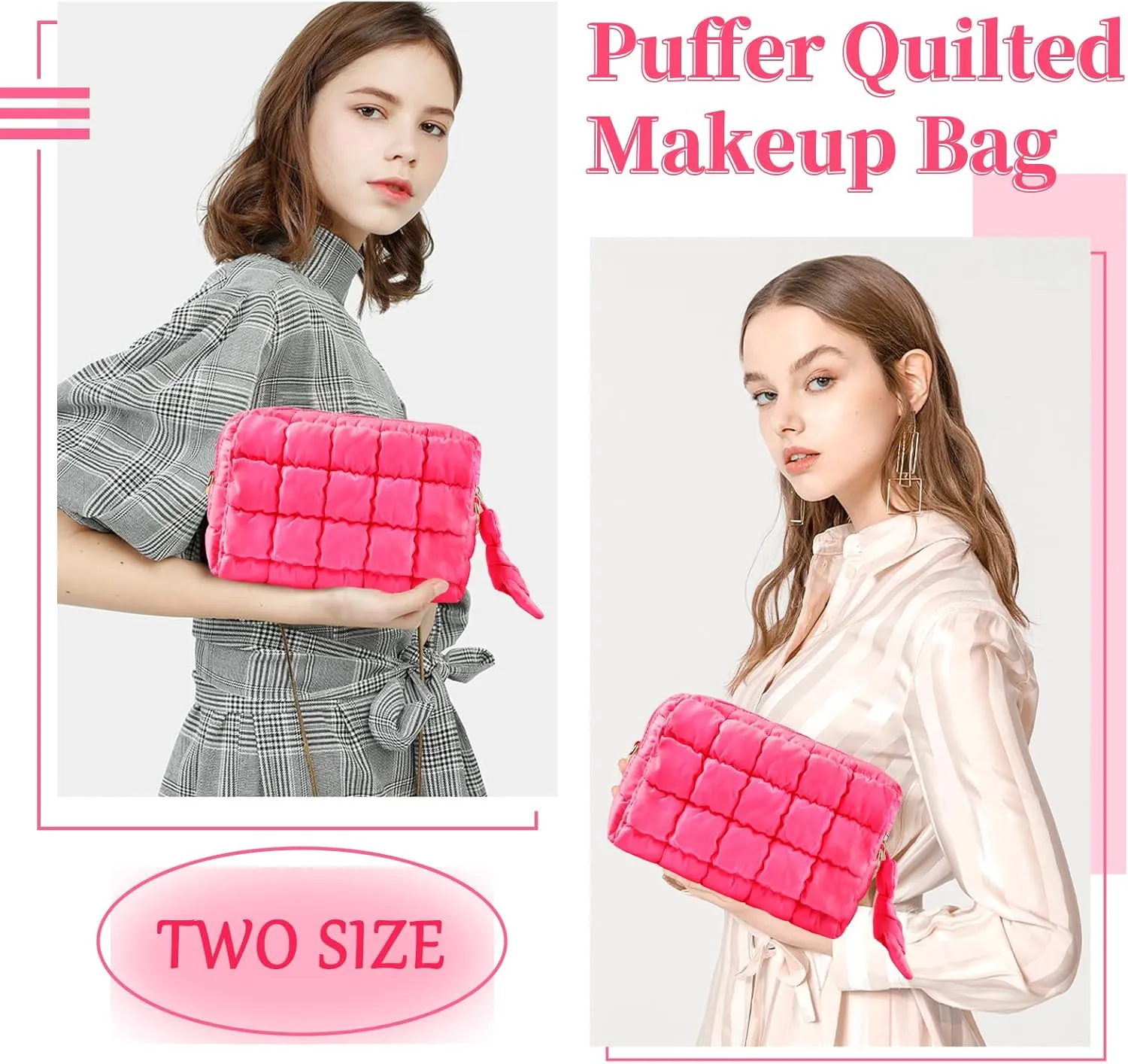 Puffer Quilted Makeup Bag Cosmetic Bags,Puffy Travel Toiletry Pouch for Women,Cute Checkered Zipper Bag Travel Essential,Portable Aesthetic Make up Organizer Bag for Gifts Work Daily(RoseRed,M)