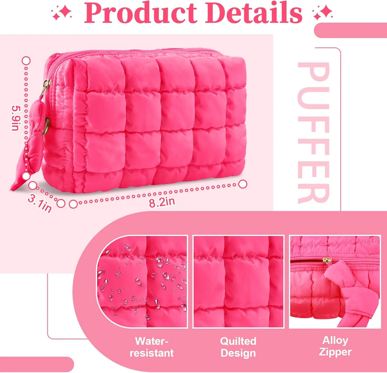 Puffer Quilted Makeup Bag Cosmetic Bags,Puffy Travel Toiletry Pouch for Women,Cute Checkered Zipper Bag Travel Essential,Portable Aesthetic Make up Organizer Bag for Gifts Work Daily(RoseRed,M)