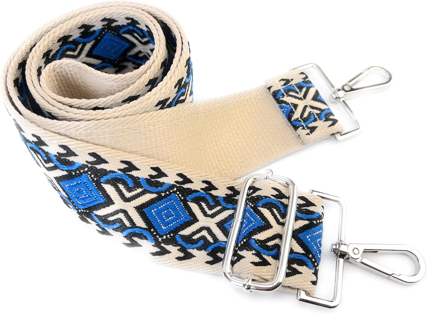 Purse Strap Replacement Crossbody 2 Inch Wide Blue Black Khaki Diamond Jacquard Weave with Silver Hooks Ethnic Guitar Style Adjustable Canvas Straps