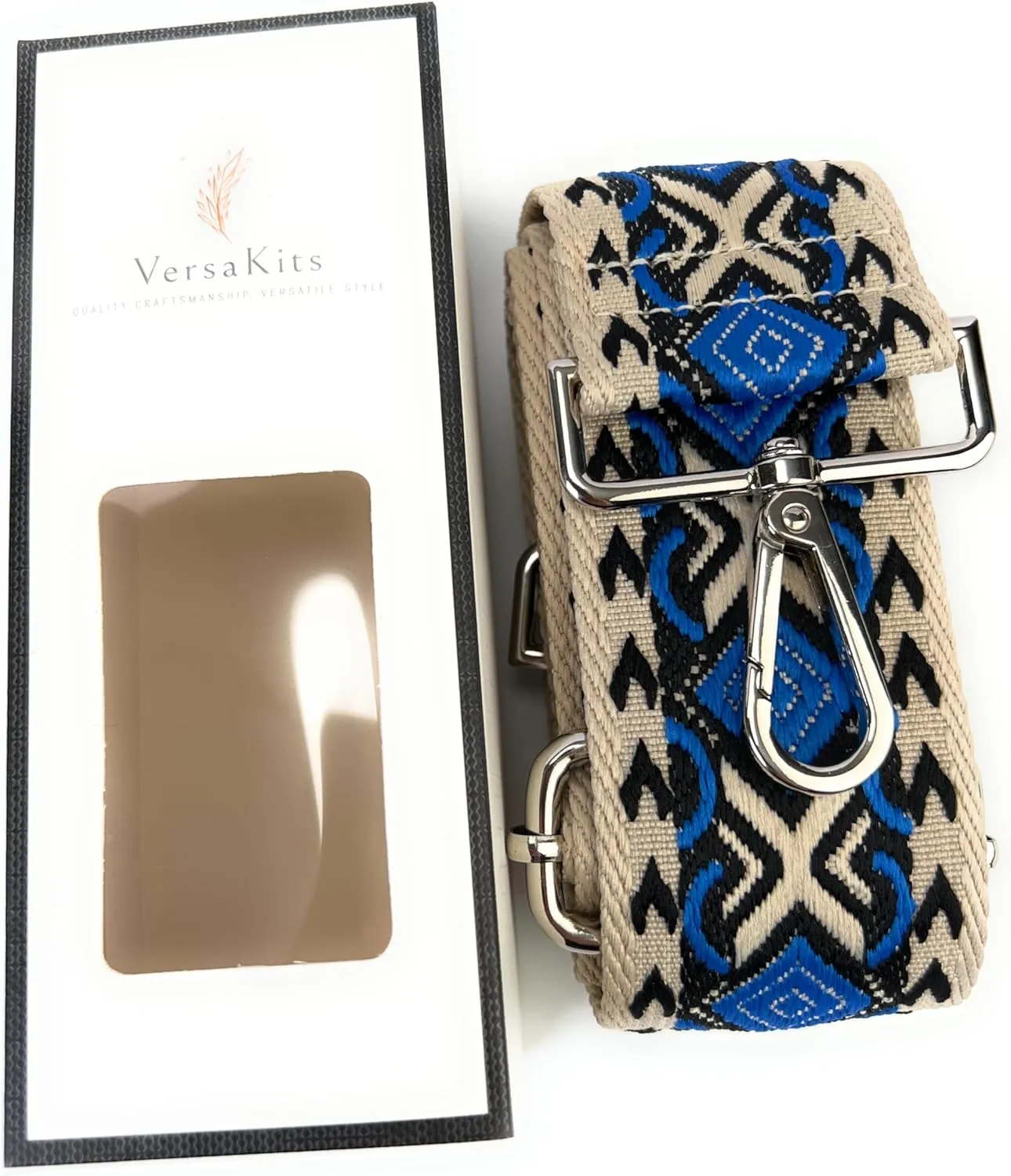 Purse Strap Replacement Crossbody 2 Inch Wide Blue Black Khaki Diamond Jacquard Weave with Silver Hooks Ethnic Guitar Style Adjustable Canvas Straps