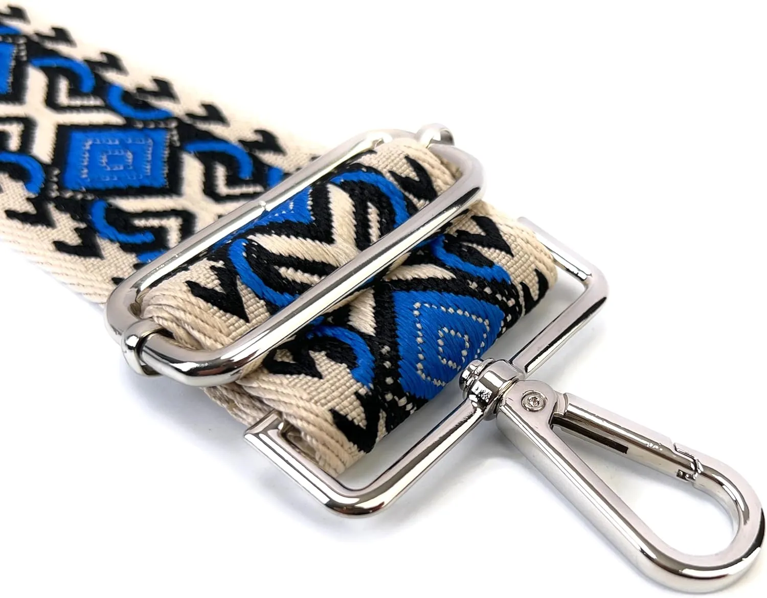Purse Strap Replacement Crossbody 2 Inch Wide Blue Black Khaki Diamond Jacquard Weave with Silver Hooks Ethnic Guitar Style Adjustable Canvas Straps