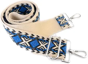 Purse Strap Replacement Crossbody 2 Inch Wide Blue Black Khaki Diamond Jacquard Weave with Silver Hooks Ethnic Guitar Style Adjustable Canvas Straps