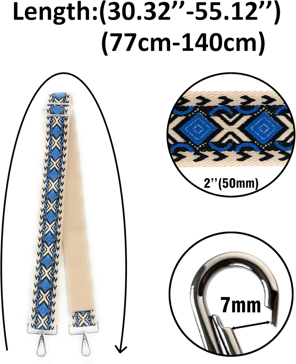 Purse Strap Replacement Crossbody 2 Inch Wide Blue Black Khaki Diamond Jacquard Weave with Silver Hooks Ethnic Guitar Style Adjustable Canvas Straps
