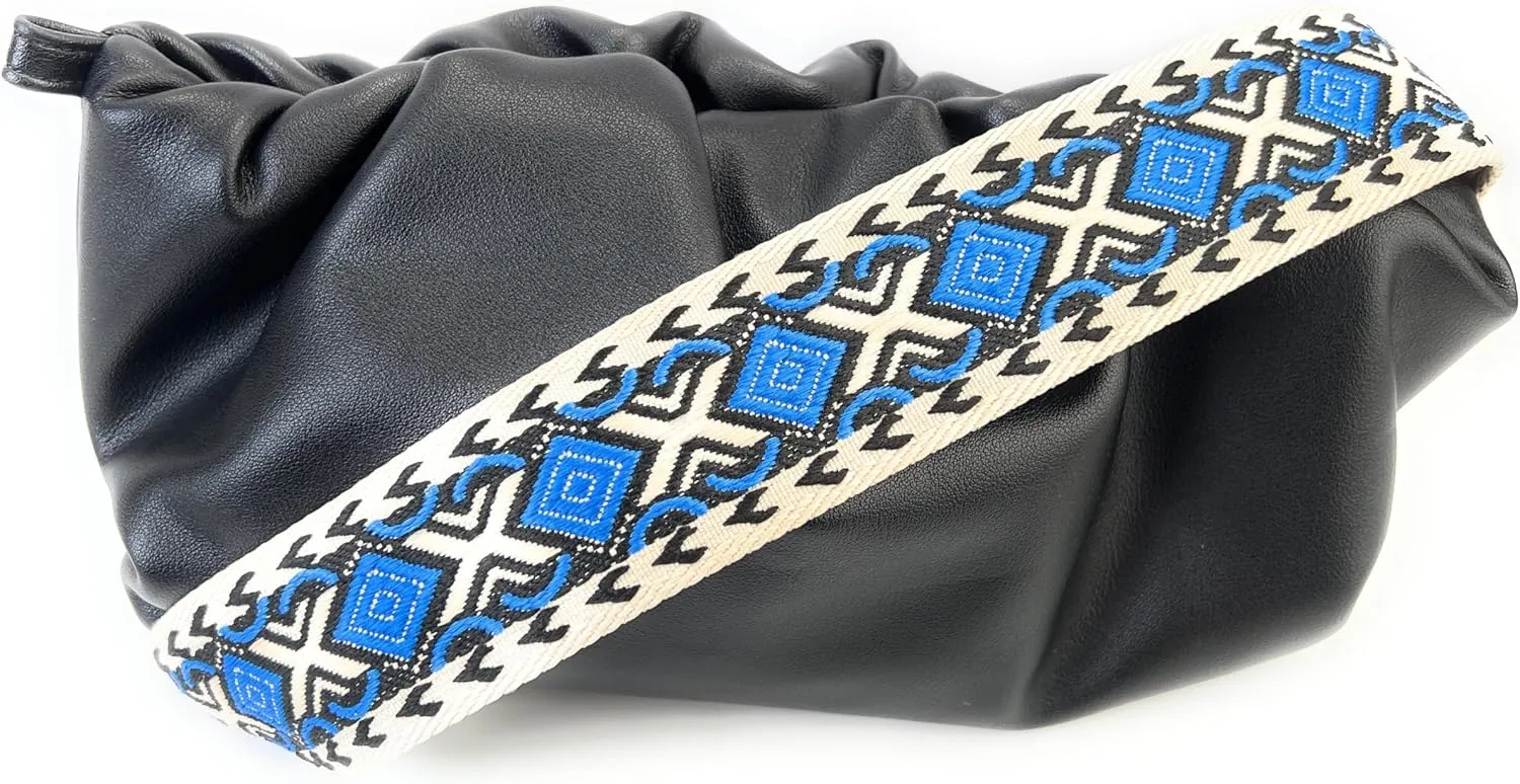 Purse Strap Replacement Crossbody 2 Inch Wide Blue Black Khaki Diamond Jacquard Weave with Silver Hooks Ethnic Guitar Style Adjustable Canvas Straps