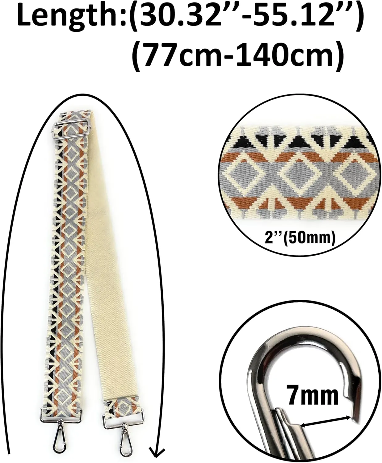Purse Strap Replacement Crossbody 2 Inch Wide Diamond Jacquard Weave Gray Accent with Silver Hooks Ethnic Guitar Style Adjustable Canvas Straps