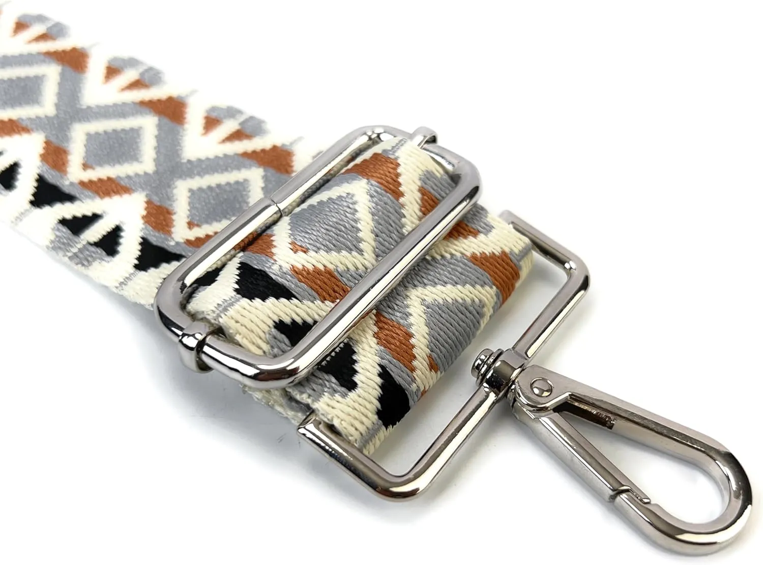 Purse Strap Replacement Crossbody 2 Inch Wide Diamond Jacquard Weave Gray Accent with Silver Hooks Ethnic Guitar Style Adjustable Canvas Straps