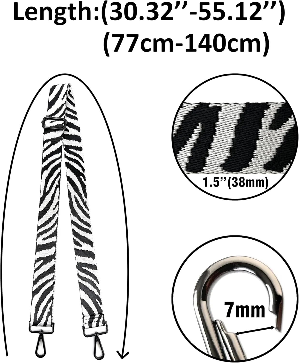 Purse Straps Replacement Crossbody Zebra Stripes Print 1-1/2 Inch Wide with Matte Black Buckles Adjustable Shoulder Guitar Strap for Crossbody Bag Purse Handbag
