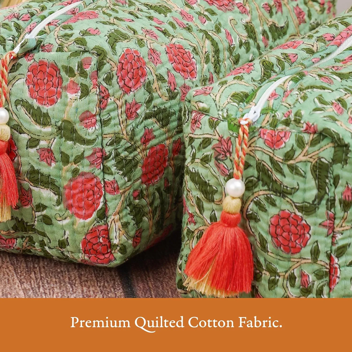 Quilted Floral Makeup Bag Set – Rambling Rose Pattern 3 Sizes, Waterproof Lining, Make Up Travel Cosmetic & Toiletry Bags For Traveling Women