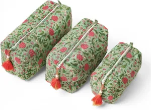 Quilted Floral Makeup Bag Set – Rambling Rose Pattern 3 Sizes, Waterproof Lining, Make Up Travel Cosmetic & Toiletry Bags For Traveling Women
