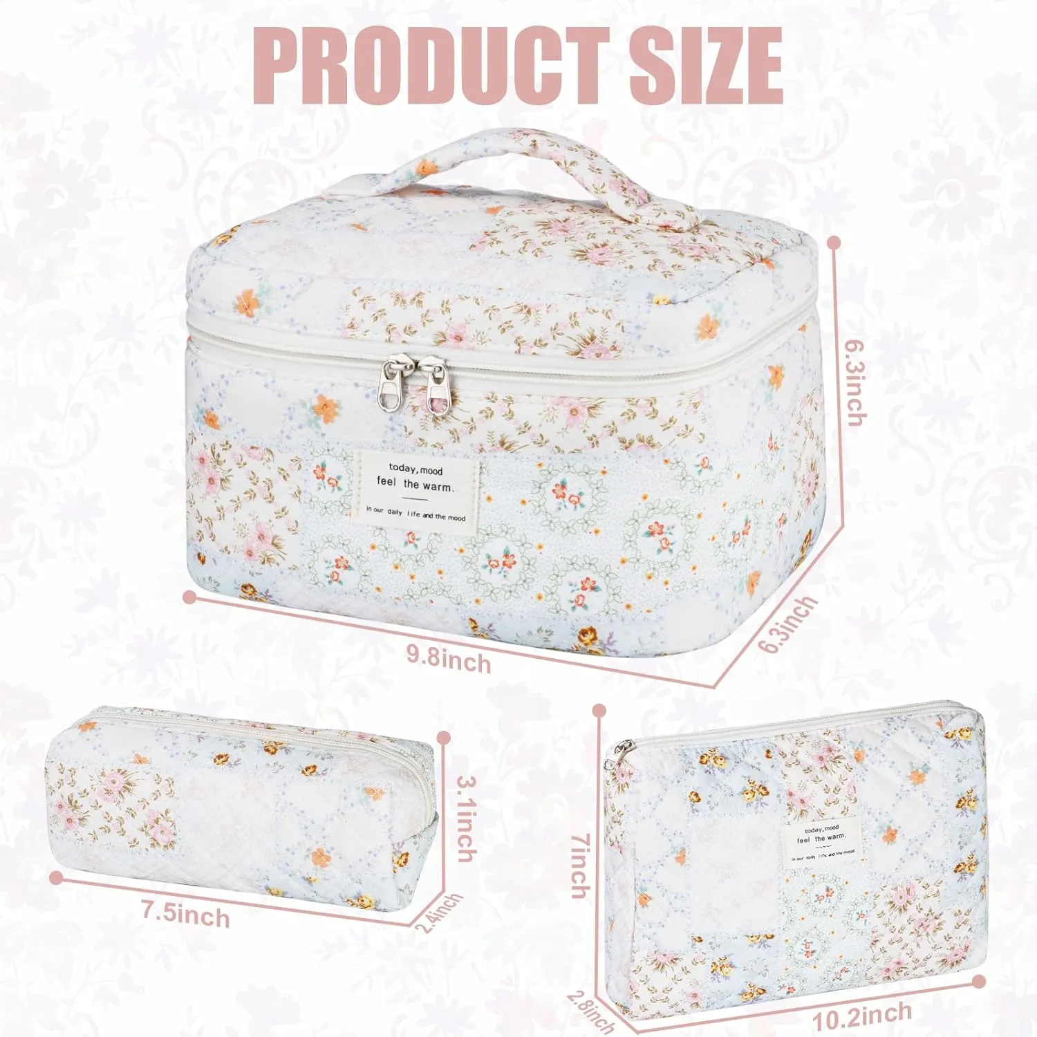 Quilted Makeup Bag Set, 3Pcs Large Checkered Corduroy Cosmetic Bags, Cute Coquette Makeup Bag Toiletry Zipper Pouch Bag for Women and Girls Checkered