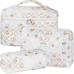 Quilted Makeup Bag Set, 3Pcs Large Checkered Corduroy Cosmetic Bags, Cute Coquette Makeup Bag Toiletry Zipper Pouch Bag for Women and Girls Checkered