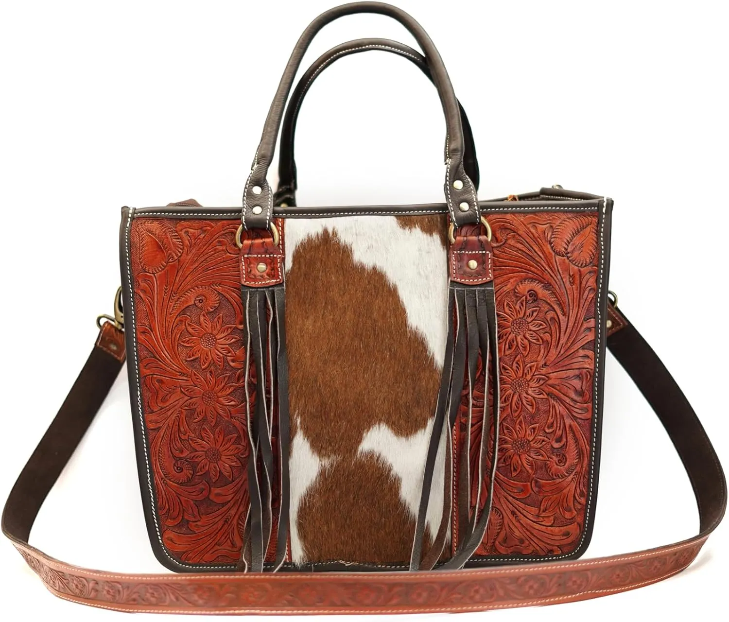 Real Cowhide Fur Fringe Tote Bag Stylish Leather Purse Hair On Hide Carving Hand Tooled Bags For Women's Multi Use