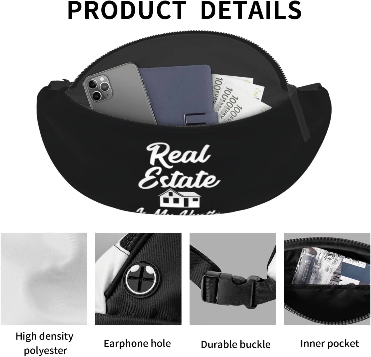 Real Estate Is My Hustle Unisex Adjustable Leisure Waist Bag Outdoor Sports Running Waist Bag Business Travel Mobile Phone Bag, Black