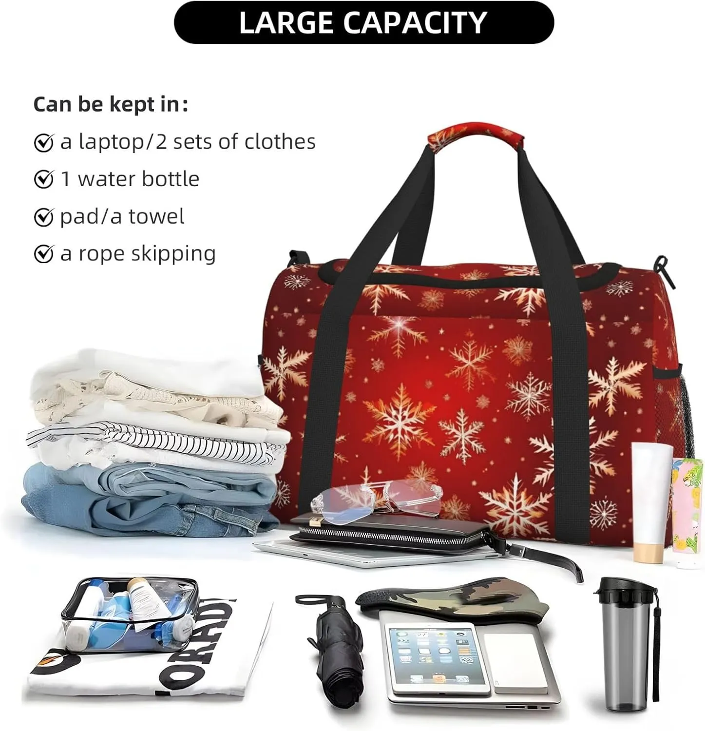 Red Background Golden Snow Travel Duffel Bag With Zippers And Handles, Big Foldable Duffle Bag For Family Vacations