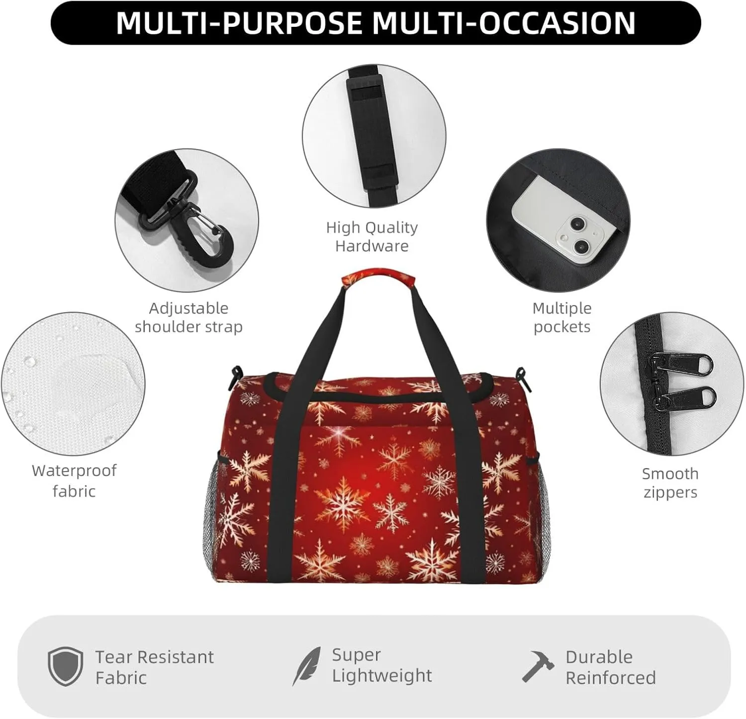 Red Background Golden Snow Travel Duffel Bag With Zippers And Handles, Big Foldable Duffle Bag For Family Vacations