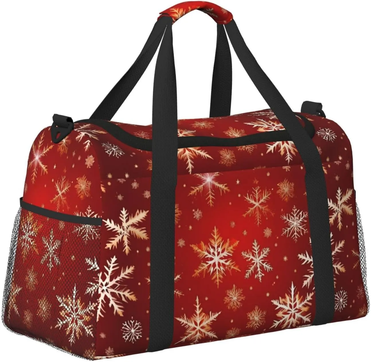 Red Background Golden Snow Travel Duffel Bag With Zippers And Handles, Big Foldable Duffle Bag For Family Vacations