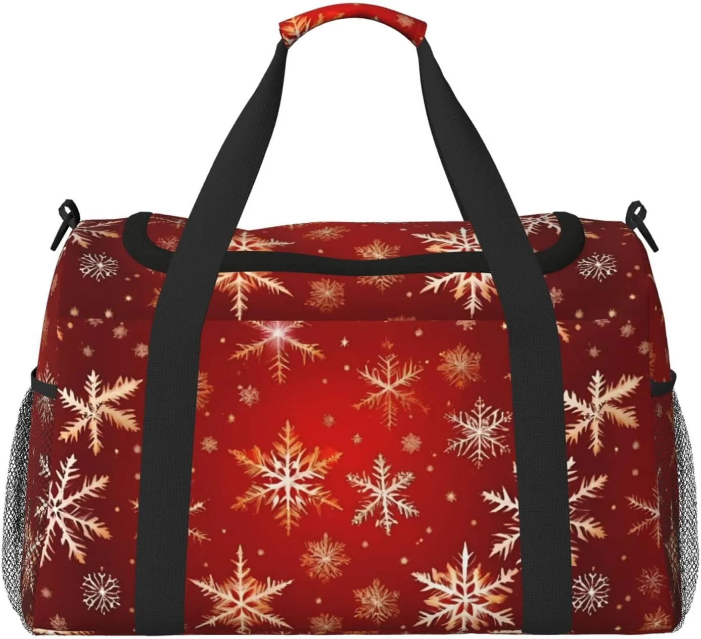 Red Background Golden Snow Travel Duffel Bag With Zippers And Handles, Big Foldable Duffle Bag For Family Vacations