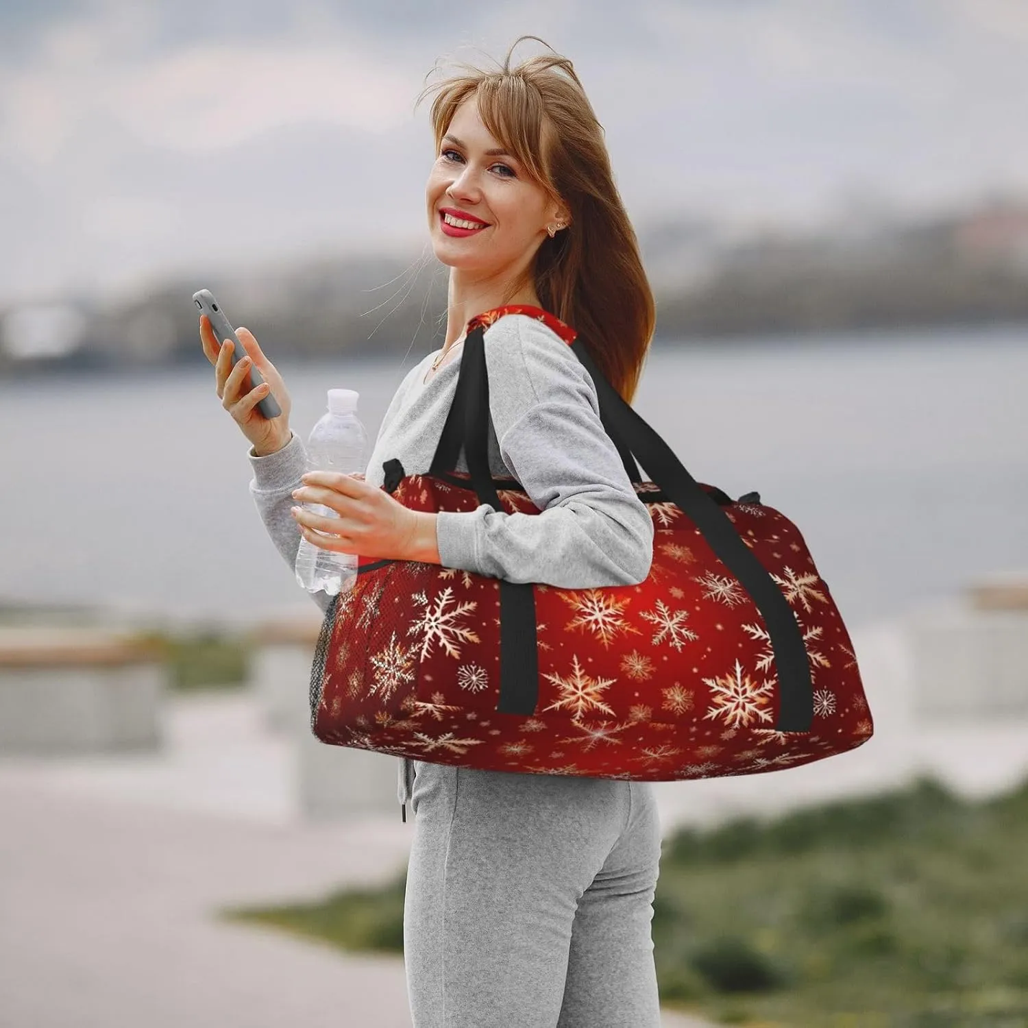 Red Background Golden Snow Travel Duffel Bag With Zippers And Handles, Big Foldable Duffle Bag For Family Vacations