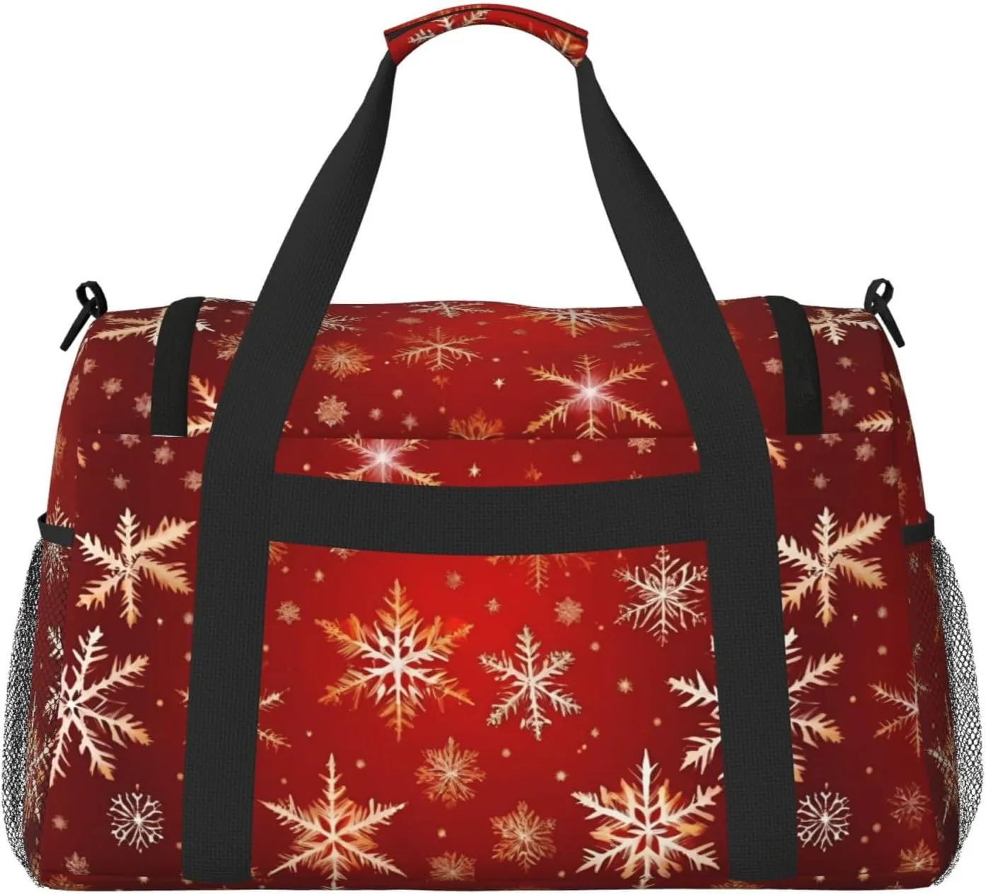Red Background Golden Snow Travel Duffel Bag With Zippers And Handles, Big Foldable Duffle Bag For Family Vacations