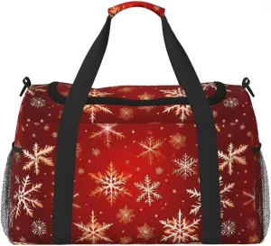Red Background Golden Snow Travel Duffel Bag With Zippers And Handles, Big Foldable Duffle Bag For Family Vacations