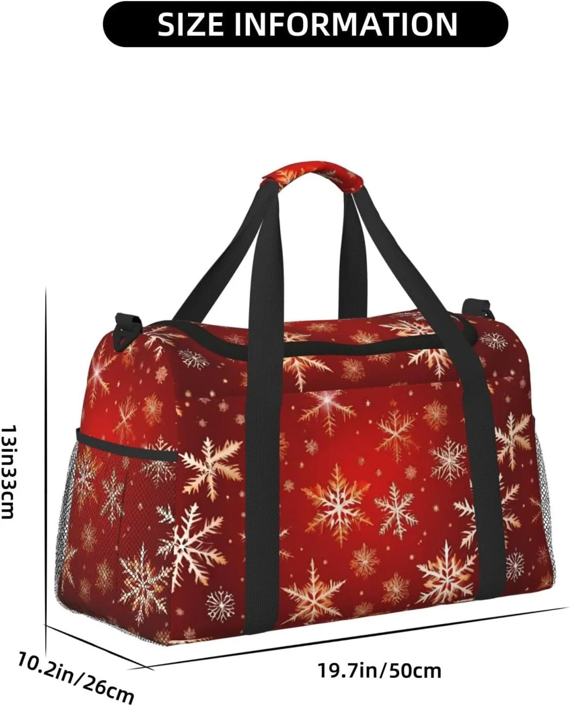 Red Background Golden Snow Travel Duffel Bag With Zippers And Handles, Big Foldable Duffle Bag For Family Vacations