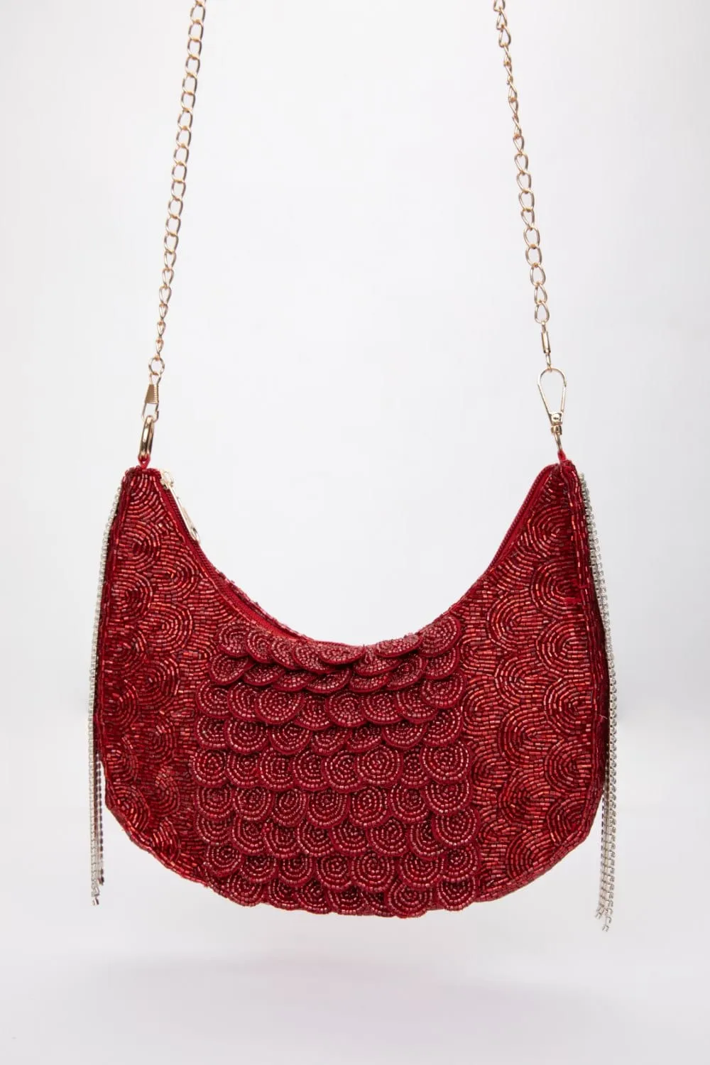 Red Sequin Handbag With Pearl Bead Tassels