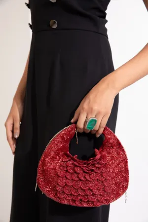 Red Sequin Handbag With Pearl Bead Tassels