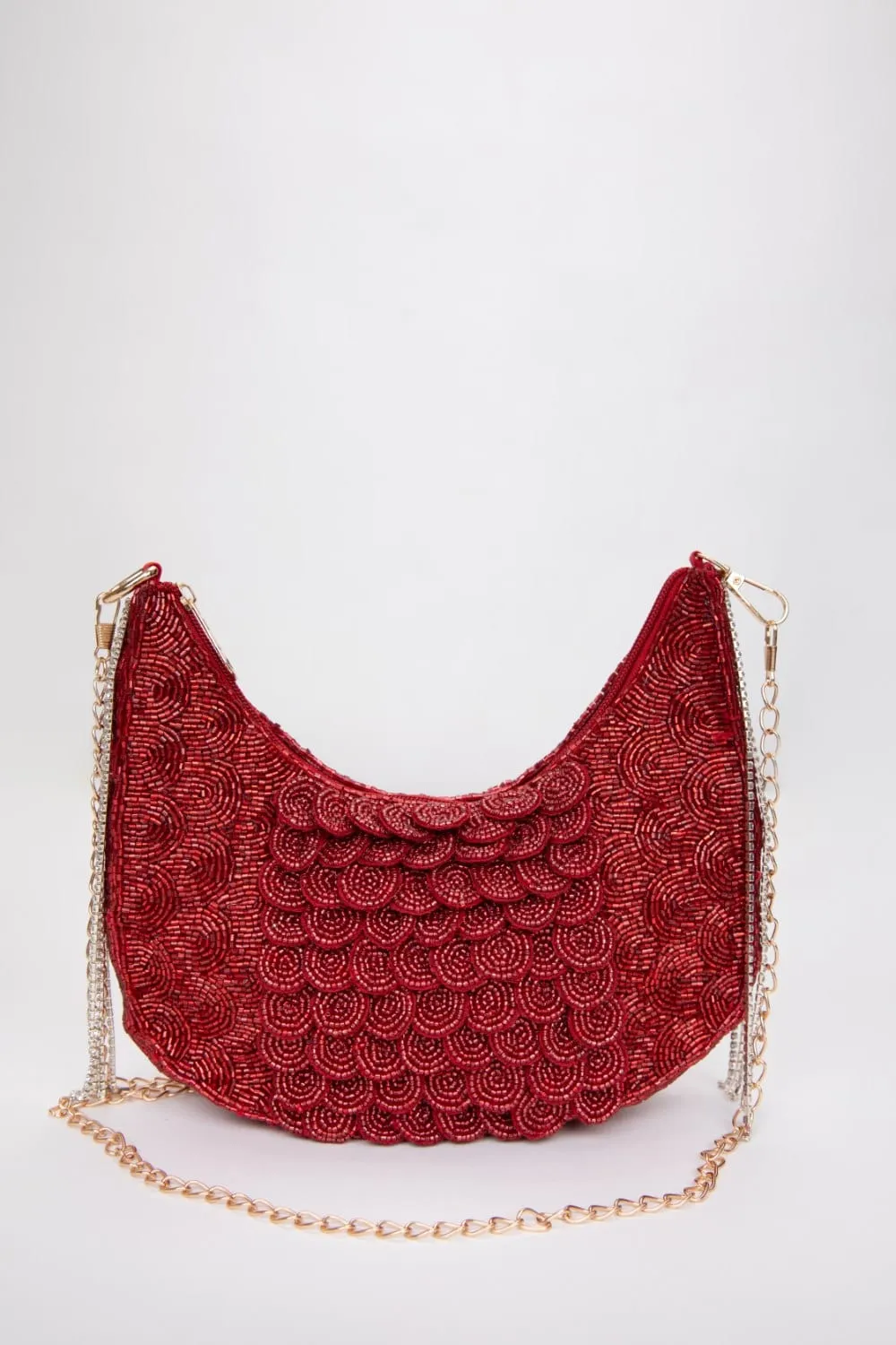 Red Sequin Handbag With Pearl Bead Tassels