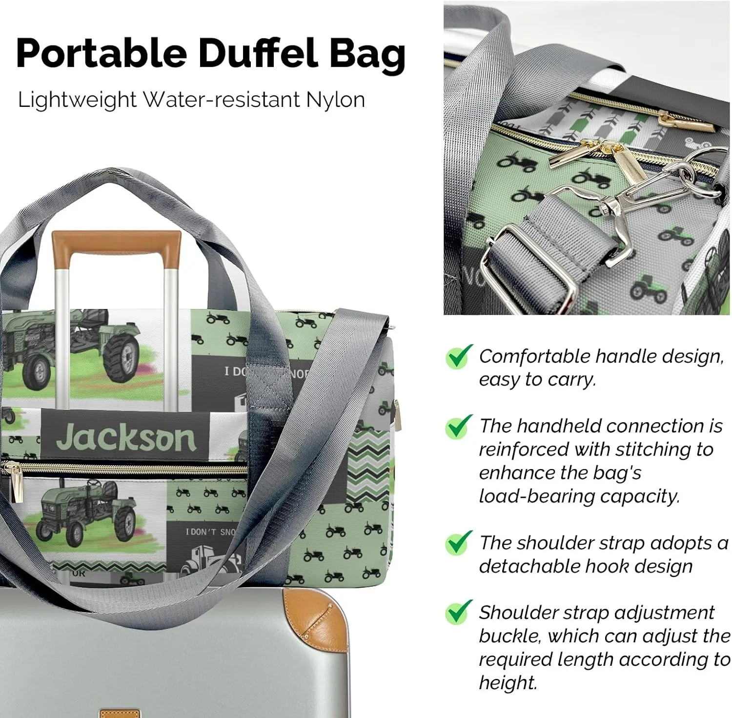 Retro Car Tractor Patchwork Green Personalized Duffel Bag with Name Custom Weekend Bag with Shoe Compartmen for Boys Girls Sports Gym Swim Bag Travel Bag